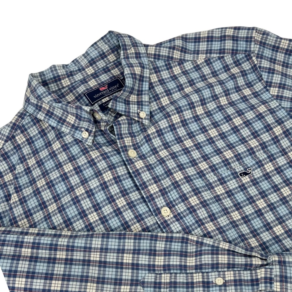 Vineyard Vines Mens XL Classic Fit Plaid Button Down Shirt Blue White Whale Logo